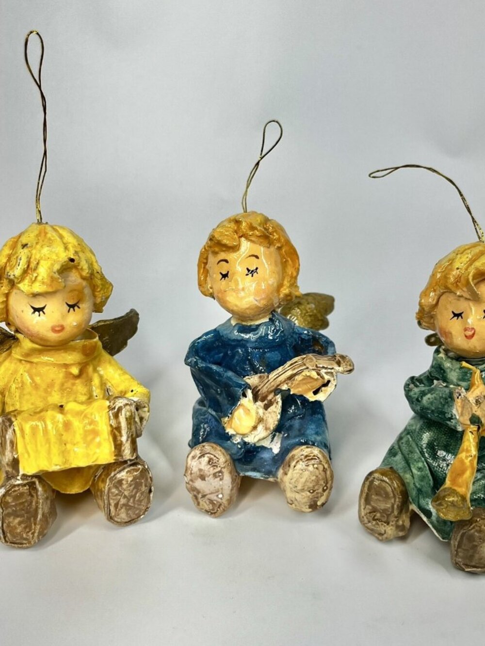 VTG Paper Mache Christmas Angel Ornament Playing Instrument Holiday Lot Of 3
